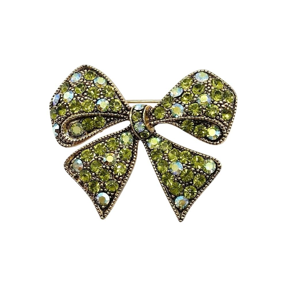 Green Rhinestones Bow Vintage Brooch